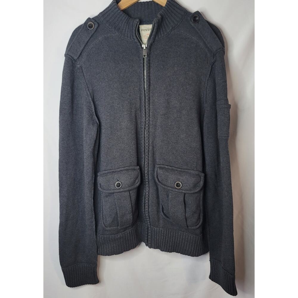 Fossil-Men's Sweater- long sleeve zip up jacket- Charcoal in color- size Large